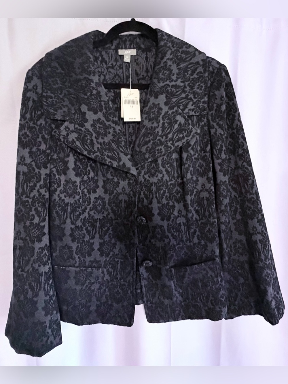 J. Jill Velvet Jacquard Damask Floral Blazer Jacket Black Charcoal Gray Size 12